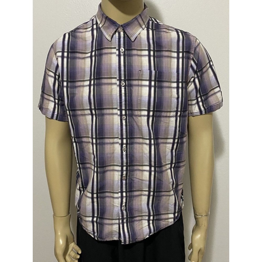 Prana Large Men's Short Sleeve Button Front Plaid Shirt Lavender Purple Black